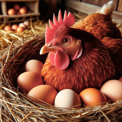 chicken and eggs in a nest on the farm, close-up