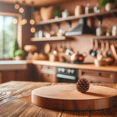 Wooden round stand with pinecone on wooden table in modern kitchen