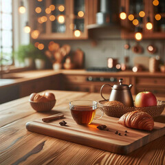 Cup of tea and croissants on wooden table in kitchen
