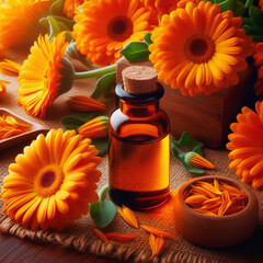 Calendula essential oil in a small bottle. Selective focus. nature.