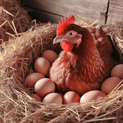 Chicken and eggs in nest on wooden background, closeup. Farm animals