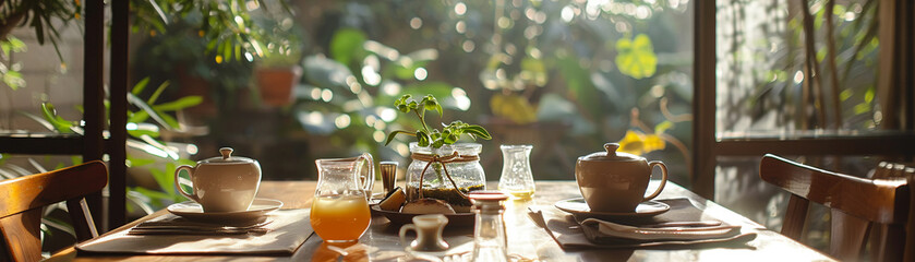 Serene breakfast setting in a sunlit room overlooking a garden, with organic food and herbal tea, epitomizing peaceful livingRealistic photography - Powered by Adobe