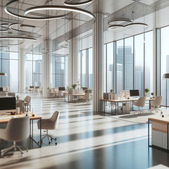 Contemporary office interior with city view and daylight. 3D Rendering