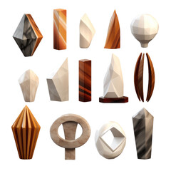 set of modern abstract decor sculpture in deferent materials for home or public area or reception decoration concepts isolated on a transparent background