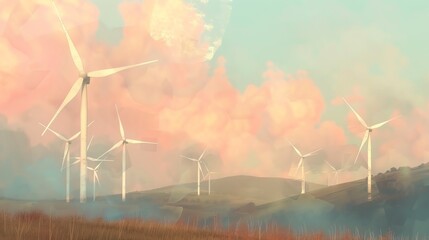 Wind turbines in white on a crisp cerulean sky, Renewable Energy Concept