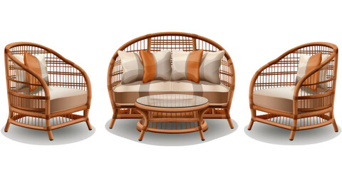 Set of outdoor garden rattan straw couches armchairs cutouts double seat sofas isolated on a transparent background