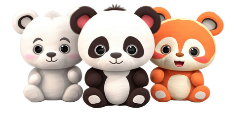 Naklejka premium set of panda, elephant and red fox stuffed fluffy plushie animal toys isolated on a transparent background 