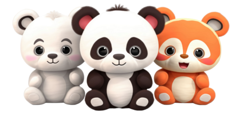 set of panda, elephant and red fox stuffed fluffy plushie animal toys isolated on a transparent background