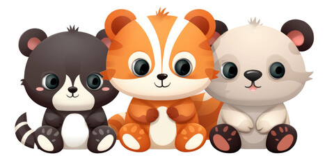 set of panda, elephant and red fox stuffed fluffy plushie animal toys isolated on a transparent background 