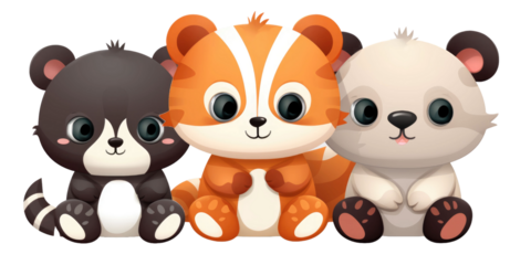 set of panda, elephant and red fox stuffed fluffy plushie animal toys isolated on a transparent background