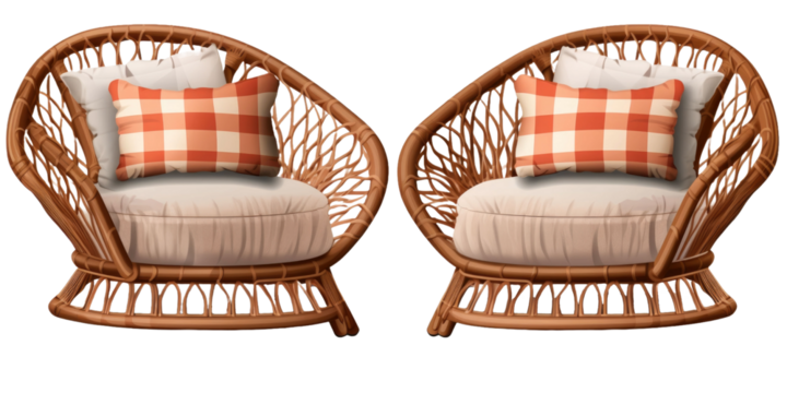 Set of outdoor garden rattan straw couches armchairs cutouts double seat sofas isolated on a transparent background