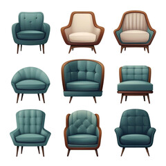 Set of retro vantage armchairs cutouts single seat sofas isolated on a transparent background