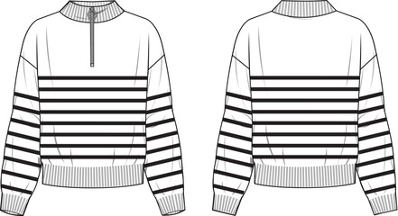 Women's Half Zip Striped Jumper. Technical fashion illustration. Front and back, white color. Women's CAD mock-up. © DERYA