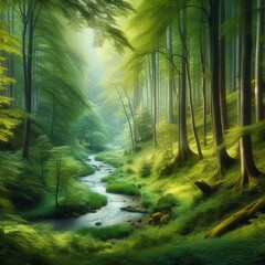 A serene forest scene with lush green trees and a winding river cutting through the landscape.