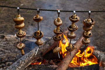 fried mushrooms over a campfire