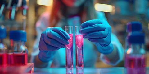 Scientific Experiment: Woman Working with Pink Liquid Test Tubes