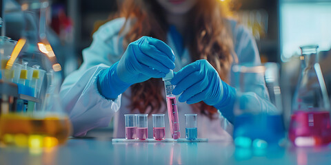 young woman working in a laboratory with different test tubes