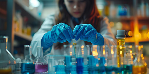 young woman working in a laboratory with different test tubes
