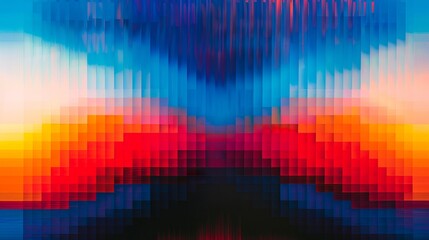 A colorful abstract painting with a blue, red and orange background.