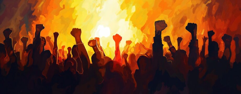 Crowd of protesters with raised fists, symbolizing freedom or revolution. The background is filled with warm colors like orange, yellow, red, creating a contrast between lightness and darkness. 