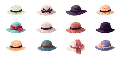 set of stylish women and men derby floppy hats and top hat in different colors and formal style decorated with flowers, isolated on a white transparent background
