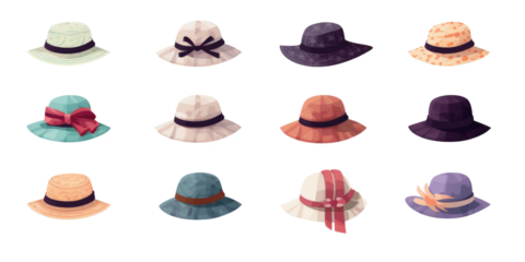 set of stylish women and men derby floppy hats and top hat in different colors and formal style decorated with flowers, isolated on a white transparent background