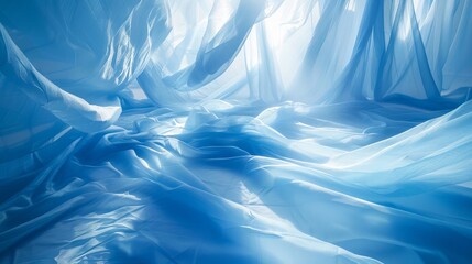 A blue curtain is draped over a white floor.