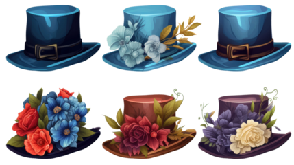 set of stylish women and men derby floppy hats and top hat in different colors and formal style decorated with flowers, isolated on a white transparent background