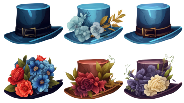 set of stylish women and men derby floppy hats and top hat in different colors and formal style decorated with flowers, isolated on a white transparent background