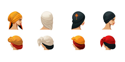 set of vintage classic history head ottoman Turkish empire women head cover hat in different color styles for, isolated on a white transparent background