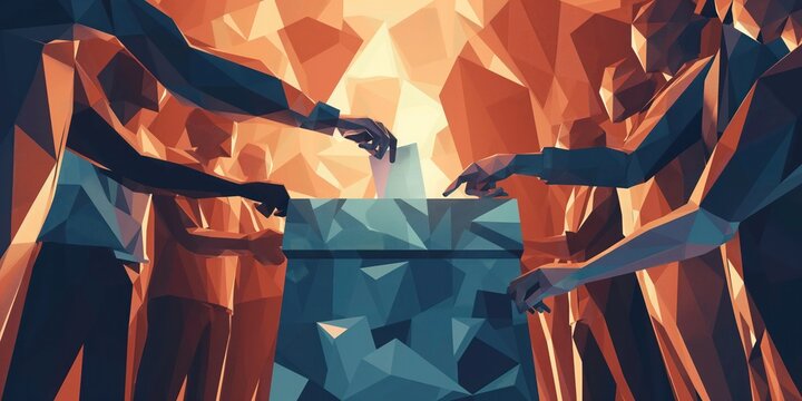 Low angle view of the ballot box and crowd of voters gathered around, elections and referendum concept illustration. In style of geometric shapes, in tones of amber and indigo 