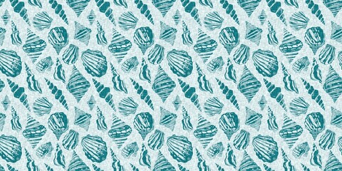 Teal turquoise blue white shell motif with linen seamless batik border background. Modern coastal beach cottage rustic shell block print home decor pattern design in sealife banner beach style. 