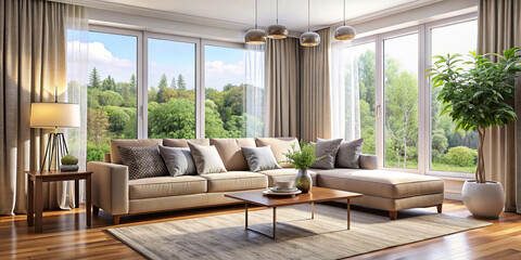 Fototapeta premium Contemporary lounge/living room with sofa and ornaments in front of large window with curtains