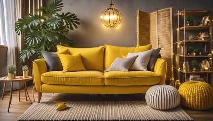 a yellow sofa surrounded by cushions and a light in a living space