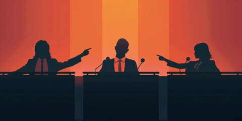 Blame and argument concept illustration, three politicians on the stage, two of them pointing fingers at the one sitting in the middle.