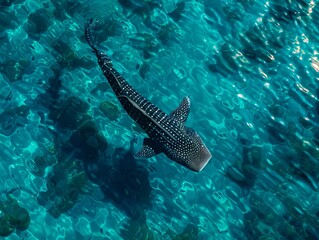Fototapeta premium A whale shark swimming in clear water.