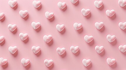 A pink background with white heart shaped candy.