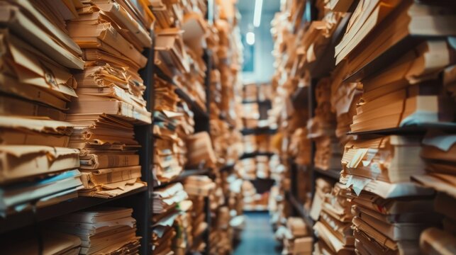 Room littered with shelves densely packed with folders and files