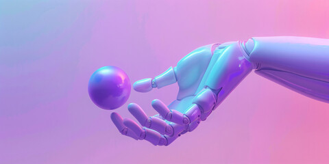 Obraz premium a robot hand is touching a ball against a gradient background