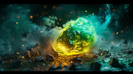 A green glowing rock in the middle of a dark background.