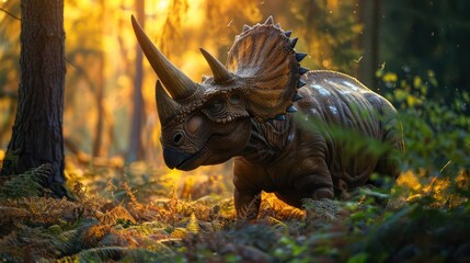 Fototapeta premium a mighty Triceratops surrounded by a mystical forest with sun rays filtering through