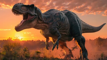 A Tyrannosaurus rex roars with ferocity against a dramatic sunrise backdrop in a wild landscape