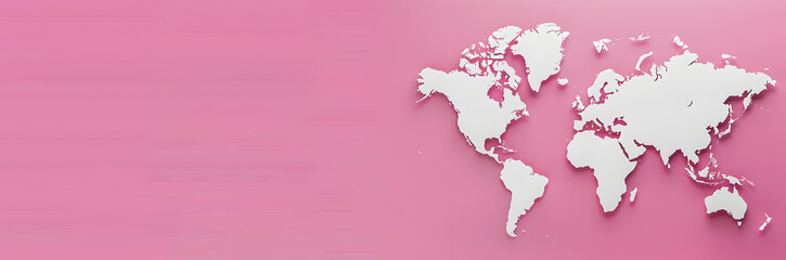Fototapeta na wymiar World map travel journal banner. World map isolated on pink background with copy space.