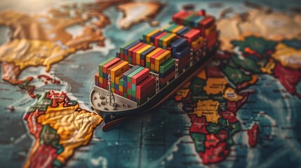 Container ship on world map symbolizing transcontinental transport and globalization with copy space