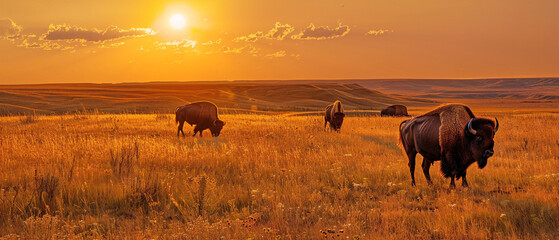 A majestic bison peacefully grazing on golden prairie grassland under clear blue skies.
