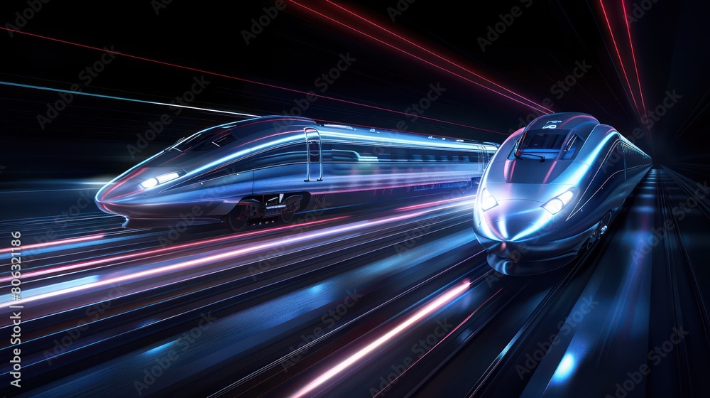 Wall mural Two high-speed trains captured in a motion-blurred neon-lit tunnel, showcasing modern transportation and technology