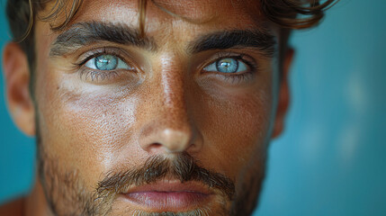 Fototapeta premium Professional studio photo portrait of a attractive handsome man, beautiful guy with beard, a person, with a pronounced emotional expression, widescreen 16:9