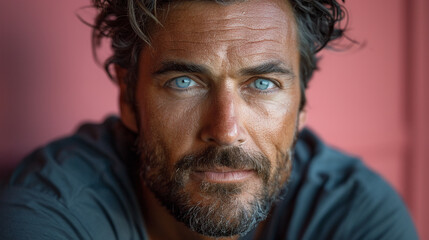 Professional studio photo portrait of a attractive handsome man, beautiful guy with beard, a person, with a pronounced emotional expression, widescreen 16:9