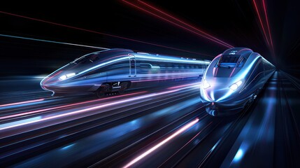 Two high-speed trains captured in a motion-blurred neon-lit tunnel, showcasing modern transportation and technology