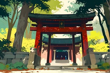 Entrance gate to Asian temple in lush maple forest, clever painterly style illustration with thick brush stroke texture. Illustration. Generative AI